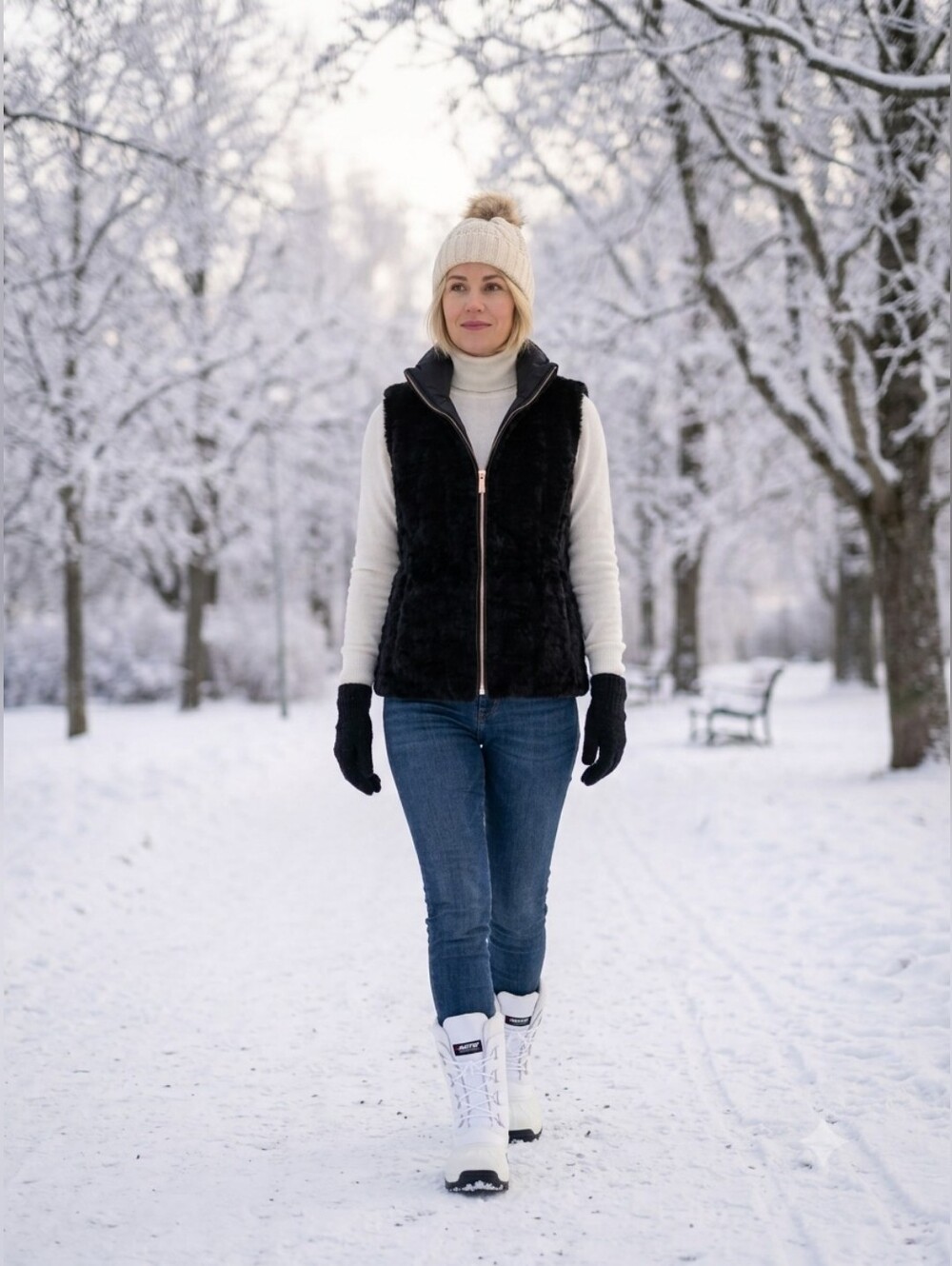 (Chic & Cozy): Luxe Black Plush Faux Fur Vest – Rose Gold Zip Winter Layer